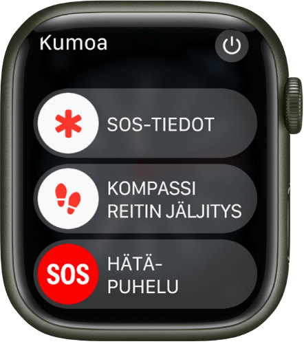 Apple Watchin näyttö, jossa on kolme liukusäädintä: SOS-tiedot, Kompassin jäljitys ja Hätäpuhelu. Käynnistyspainike on ylhäällä oikealla.