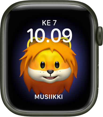 Memoji-kellotaulu, jossa voit säätää Memoji-hahmoa ja alareunan komplikaatiota. Voit animoida Memojia napauttamalla näyttöä. Päivämäärä ja aika ovat yläreunassa, ja Musiikki-komplikaatio on alareunassa.