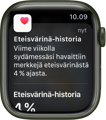 Eteisvärinä-historian ilmoitus Apple Watchissa.