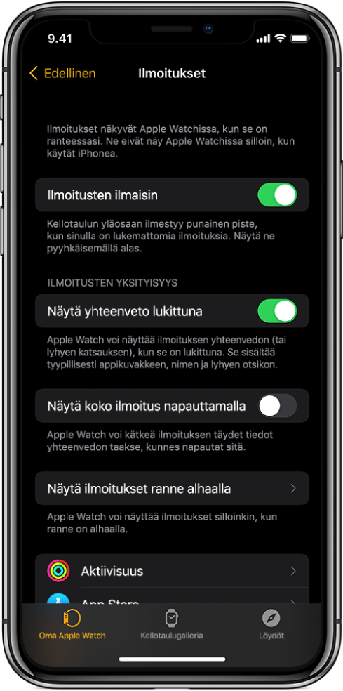 iPhonen Apple Watch -apin Ilmoitukset-näyttö , jossa näkyy ilmoitusten lähteet.