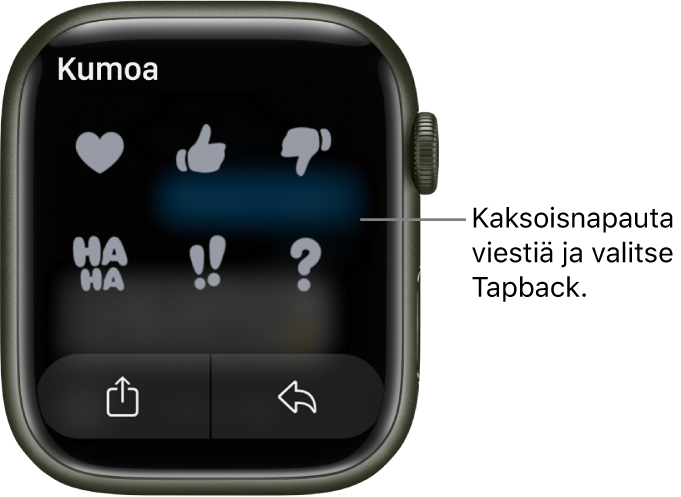 Viestikeskustelu, jossa on Tapback-valintoja: sydän, peukalo ylös, peukalo alas, Ha ha, !! ja ?. Vastaa-painike on alareunassa.