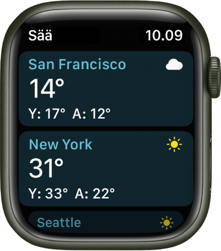 Sää-apissa näkyy kahden kaupungin säätiedot luettelossa.