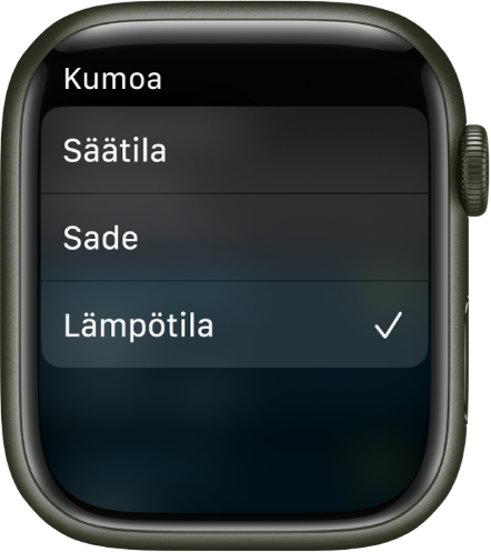 Sää-apissa näkyy kolme vaihtoehtoa luettelossa: Säätila, Sademäärä ja Lämpötila.