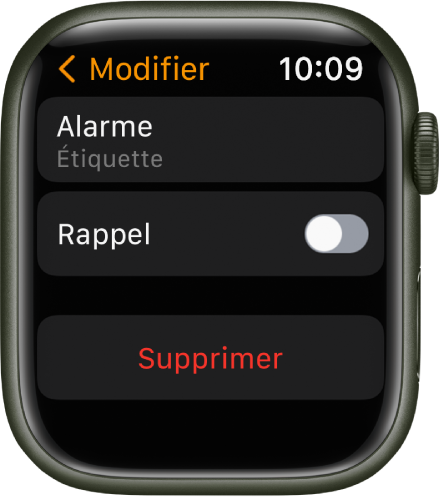 Un écran de modification de l’alarme avec le bouton Supprimer en bas.