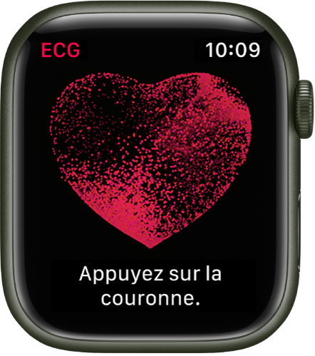 L’app ECG affichant l’image d’un cœur et la phrase « Appuyez sur la couronne ».