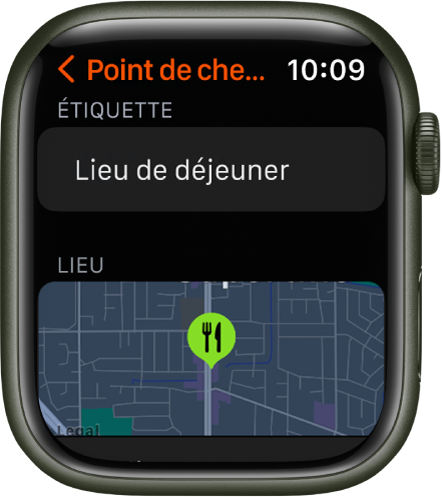 L’app Boussole montrant un écran de modification de point de cheminement. Le champ Étiquette se situe en haut. En dessous, on retrouve la section Lieu qui montre l’emplacement du point de cheminement sur une carte. Le symbole de repas a été appliqué au point de cheminement.