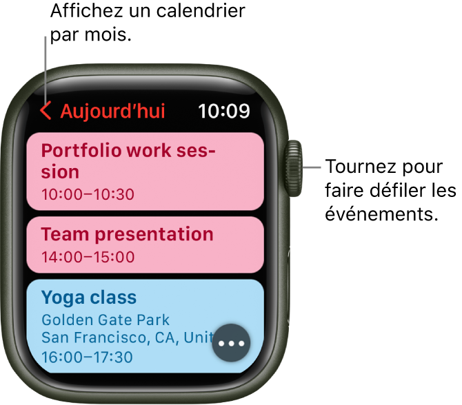 L’écran de Calendrier qui affiche une liste des événements du jour.