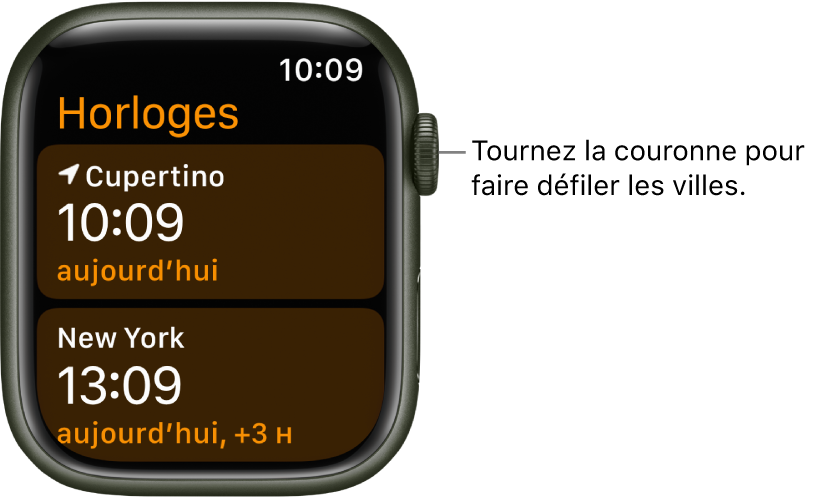 App Horloges avec une liste de villes et une barre de défilement.