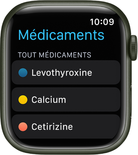 L’app Médicaments affichant une liste de tous les médicaments.