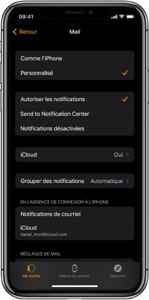 Réglages de Mail dans l’app Watch affichant les réglages de notification et de comptes de messagerie.