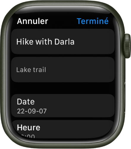 L’écran Modifier dans l’app Rappels sur l’Apple Watch. Le nom du rappel se trouve en haut, avec une description en dessous. En bas, on trouve la date et l’heure auxquelles l’affichage du rappel est prévu. Un bouton OK se situe en haut à droite.