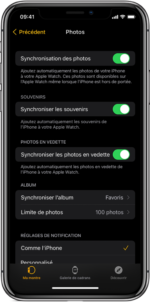 Réglages de Photos dans l’app Watch de l’iPhone avec « Synchronisation des photos » au milieu et « Limite des photos » en dessous.