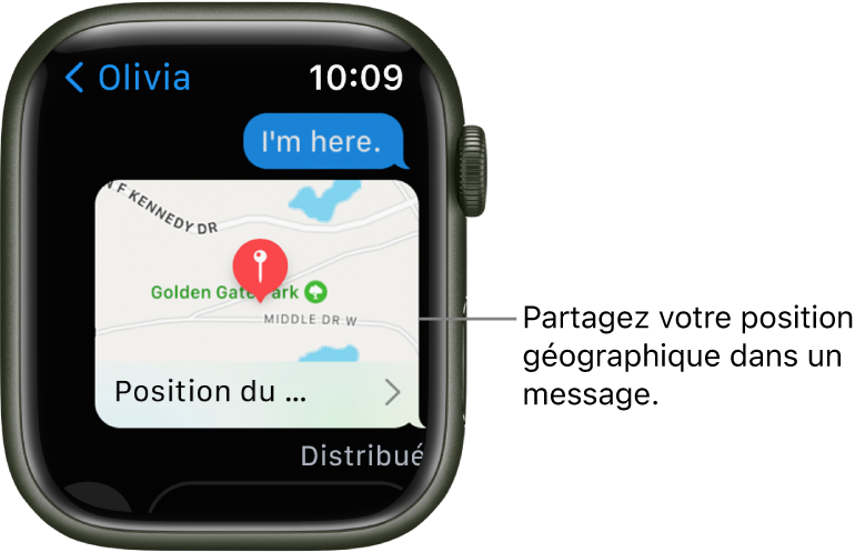 L’écran de Messages qui affiche un plan de la position géographique de l’expéditeur.