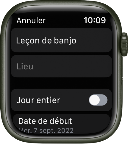 Écran de calendrier montrant un nouvel événement. Le nom de l’événement est en haut et un champ Localisation se trouve en dessous. Un bouton Jour entier se trouve près du bas. Un bouton Date de début se trouve en bas.