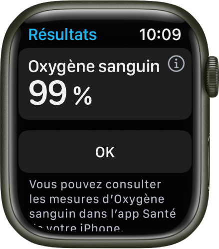 L’écran de résultats Oxygène sanguin qui affiche une saturation sanguine en oxygène de 99 %. Un bouton OK se trouve en dessous.