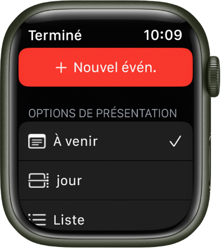 L’écran Calendrier montrant le bouton Nouvel événement en haut et trois options de visualisation en dessous : À venir, Jour et Liste.