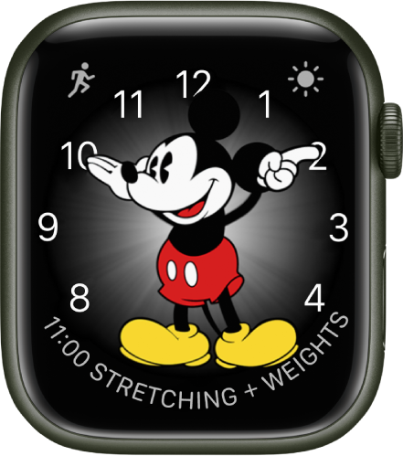 Cadran Mickey Mouse auquel vous pouvez ajouter de nombreuses complications. Il comporte trois complications : Exercice en haut à gauche, Conditions météo en haut à droite et Calendrier en bas.