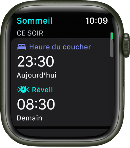 L’app Sommeil sur l’Apple Watch qui affiche l’horaire de sommeil du jour même. L’heure du coucher s’affiche en haut, au-dessus de l’heure du réveil.