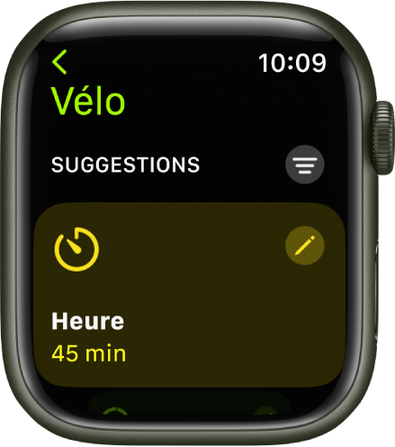 L’app Exercice montre un écran permettant de modifier un entraînement Vélo. La mosaïque Temps se trouve au milieu avec un bouton Modifier en haut à droite de la mosaïque. Le temps actuel est de 45 minutes.