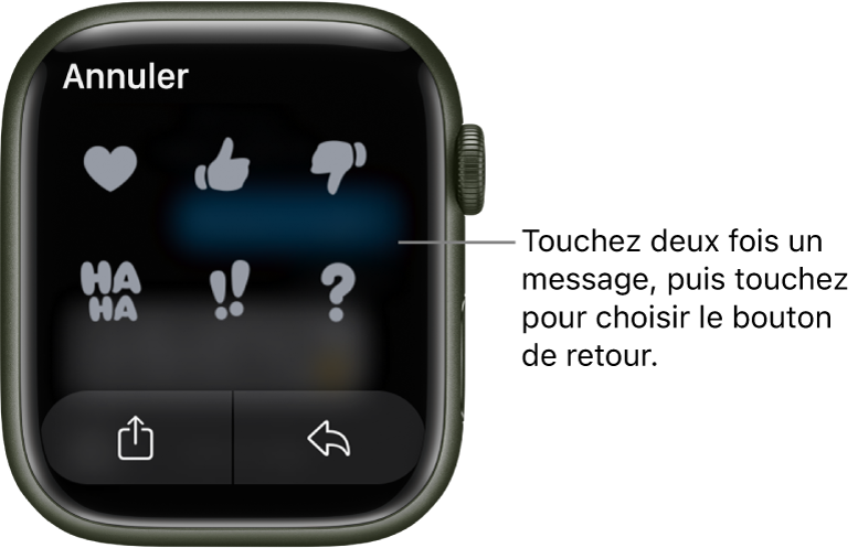 Une conversation Messages avec des options de Tapback : cœur, pouce vers le haut, pouce vers le bas, haha, !! et ?. Un bouton Répondre se trouve en dessous.