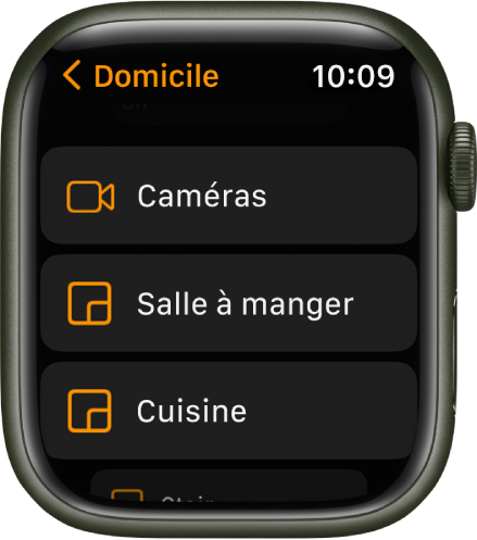 L’app Domicile montrant une liste de pièce comprenant des caméras et deux pièces.