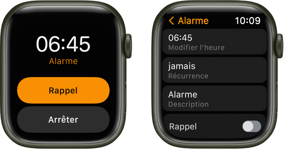Deux écrans d’Apple Watch : l’un affiche un cadran de montre avec les boutons Rappel et Arrêter, l’autre affiche les réglages de l’alarme, avec les boutons Modifier l’heure, Récurrence et Étiquette en dessous. Un bouton Rappel se trouve dans le bas. Le bouton Rappel est désactivé.