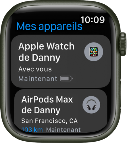 L’app Mes Appareils affichant deux appareils : une Apple Watch et une paire d’AirPods.