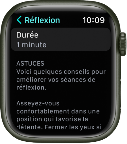 L’écran de l’app Pleine conscience affichant une durée d’une minute. Des conseils s’affichent en dessous pour alimenter la session de réflexion.