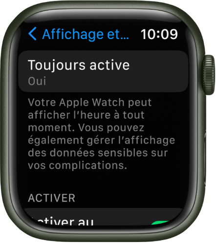 L’écran « Affichage et luminosité » qui affiche le bouton Toujours activé.