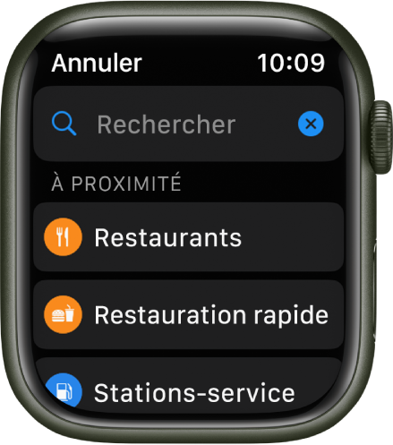 L’écran de recherche de l’app Plans qui montre le champ Rechercher près du haut. Sous À proximité se trouvent les boutons pour la vaccination COVID-19, les restaurants et la restauration rapide.