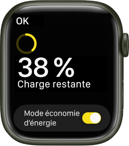 L’écran Mode économie d’énergie affiche un rond en jaune partiel qui indique la charge restante, les mots Charge restante : 38 pour cent et le bouton Mode économie d’énergie en bas.