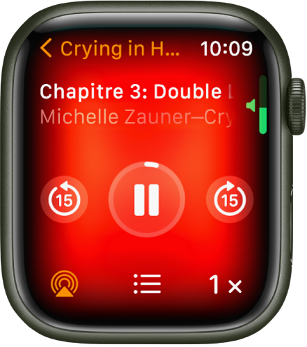L’écran de lecture des livres audio avec le titre du livre audio en haut, le chapitre dessous et les commandes de lecture en bas.