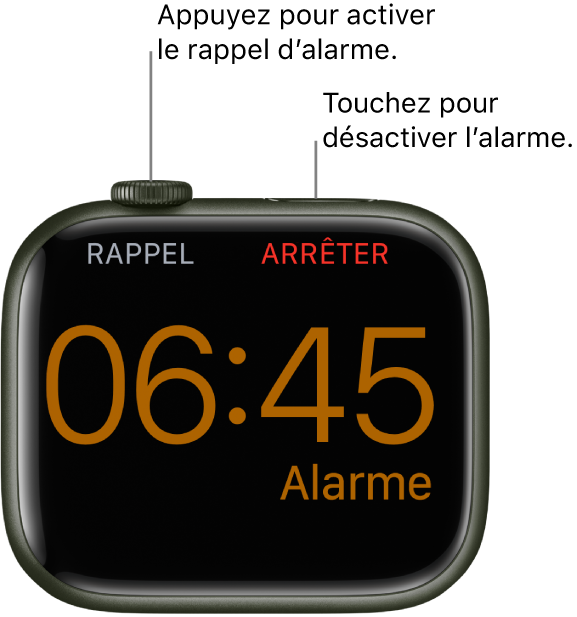 Apple Watch placée sur le côté dont l’écran affiche une alarme qui sonne. Le mot « Rappel » s’affiche sous la Digital Crown. Le mot « Arrêter » s’affiche sous le bouton latéral.
