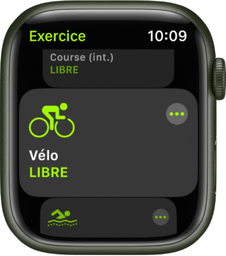 L’écran Exercice avec l’entraînement Vélo mis en évidence.