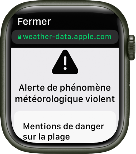Une alerte météorologique concernant une situation dangereuse sur une plage dans l’app Météo.
