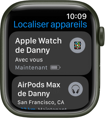L’app Localiser appareils affichant deux appareils : une Apple Watch et des AirPods.