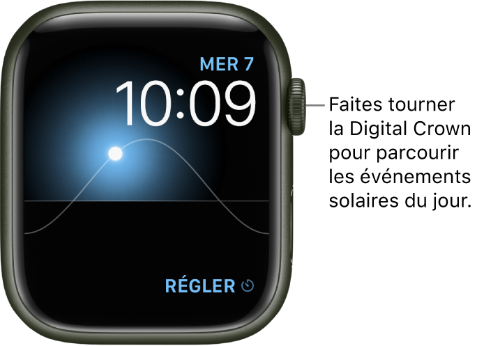 Le cadran Graphique solaire affichant le jour, la date et l’heure. Ces trois options ne peuvent pas être modifiées. Une complication Minuteurs apparaît en bas à droite. Faites tourner la Digital Crown pour voir le crépuscule, l’aube, le soleil à son zénith ou se coucher, puis la nuit.