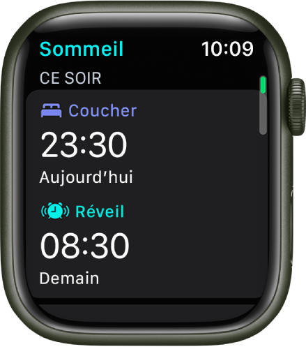 App Sommeil sur l’Apple Watch montrant le programme de sommeil de la soirée. Coucher apparaît en haut et l’heure de Réveil se trouve en dessous.