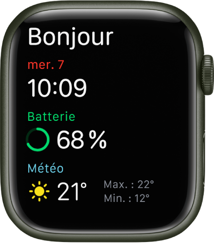 L’Apple Watch affichant l’écran de réveil. Le mot « Bonjour » apparaît en haut. La date, l’heure, le pourcentage de la batterie et la météo se trouvent en dessous.