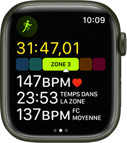 L’app Exercice affichant une course en extérieur en cours. La liste des analyses est affichée à l’écran. Elle indique le temps écoulé, la zone de fréquence cardiaque, la fréquence cardiaque, le temps dans la zone et la fréquence cardiaque moyenne.