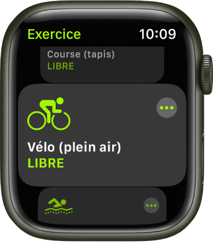L’écran Exercice avec l’exercice « Vélo (plein air) » mis en évidence.