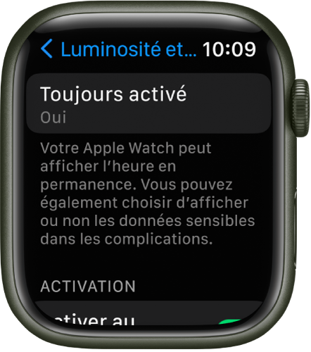 Écran « Luminosité et affichage » affichant le bouton « Toujours activé ».