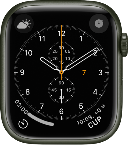 Cadran Chronographe, sur lequel vous pouvez ajuster la couleur et les détails du cadran. Il affiche quatre complications : « Conditions météo » en haut à gauche, Chronomètre en haut à droite, Minuteurs en bas à gauche et « Horloge mondiale » en bas à droite.