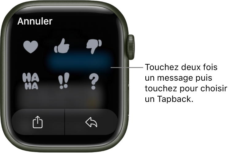 Conversation Messages avec des options Tapback : cœur, pouce vers le haut, vers le bas, Ha Ha, !! et ?. Un bouton de réponse se trouve en dessous.