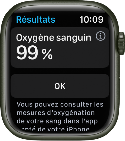 L’écran de résultats d’Oxygène sanguin affichant une saturation du sang en oxygène de 99 %. Un bouton OK se trouve en dessous.