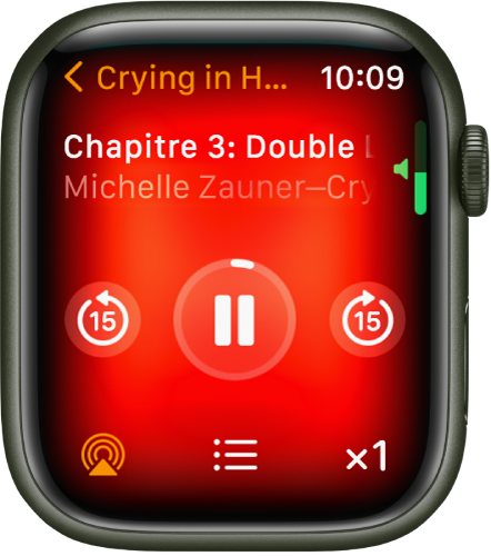 L’écran de lecture de livre audio avec le titre du livre audio en haut, le chapitre en dessous et les commandes de lecture en dessous.