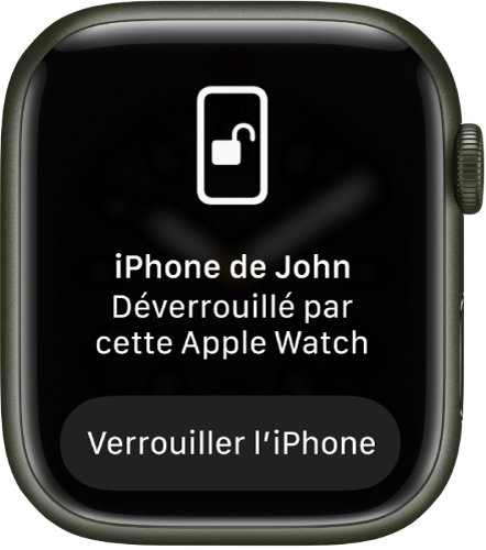 L’écran de l’Apple Watch affichant les mots « iPhone de Gilles déverrouillé par cette Apple Watch ». Le bouton « Verrouiller l’iPhone » apparaît en dessous.