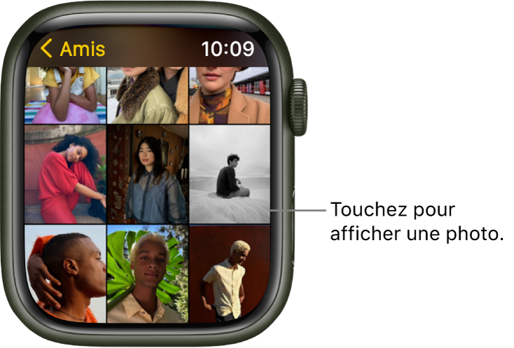 Écran principal de l’app Photos sur l’Apple Watch, avec plusieurs photos dans la grille.