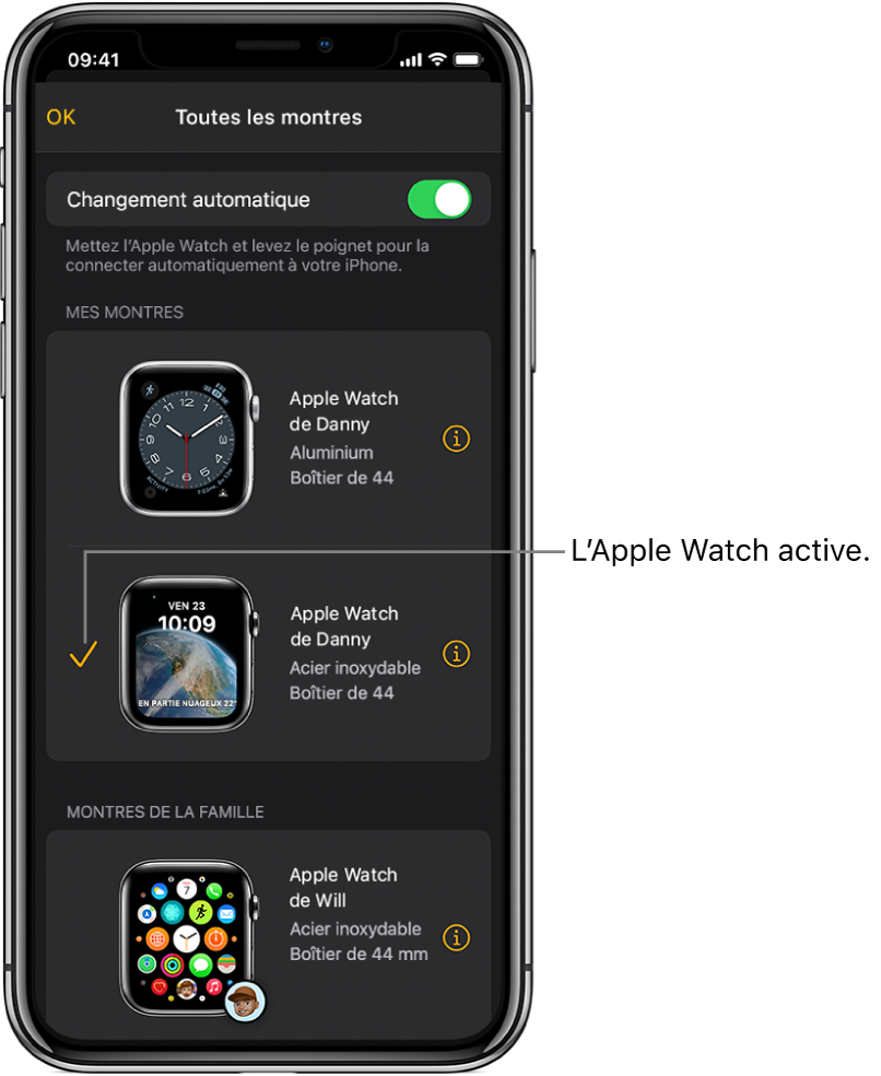 Sur l’écran « Toutes les montres » de l’app Apple Watch, une coche indique l’Apple Watch active.
