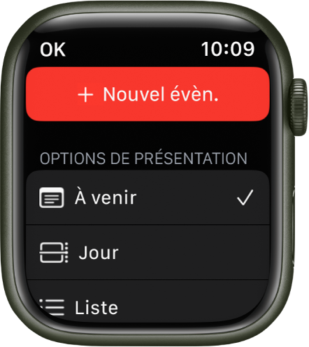 L’écran Calendrier affichant un bouton « Nouvel évènement » en haut et trois options de présentation en dessous : « À suivre », Jour et Liste.